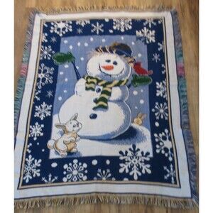 Vtg. Hallmark Snowman & Bunnies Woven Tapestry Throw/Wall Hanging Fringe 46"x60"